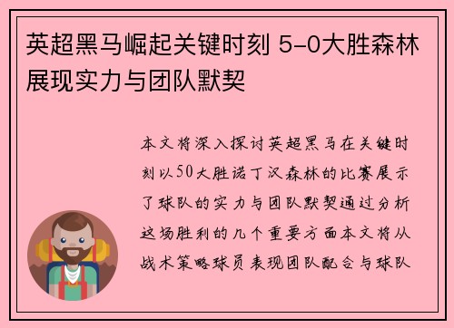 英超黑马崛起关键时刻 5-0大胜森林展现实力与团队默契